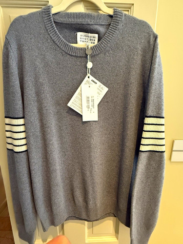 Maison Margiela Men's Gray Knit Crewneck Pullover Sweater Striped Sleeves L