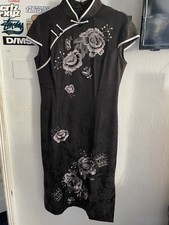 Chinese Style Dress Mandarin Collar Cap Sleeve Black Floral Embodied Design