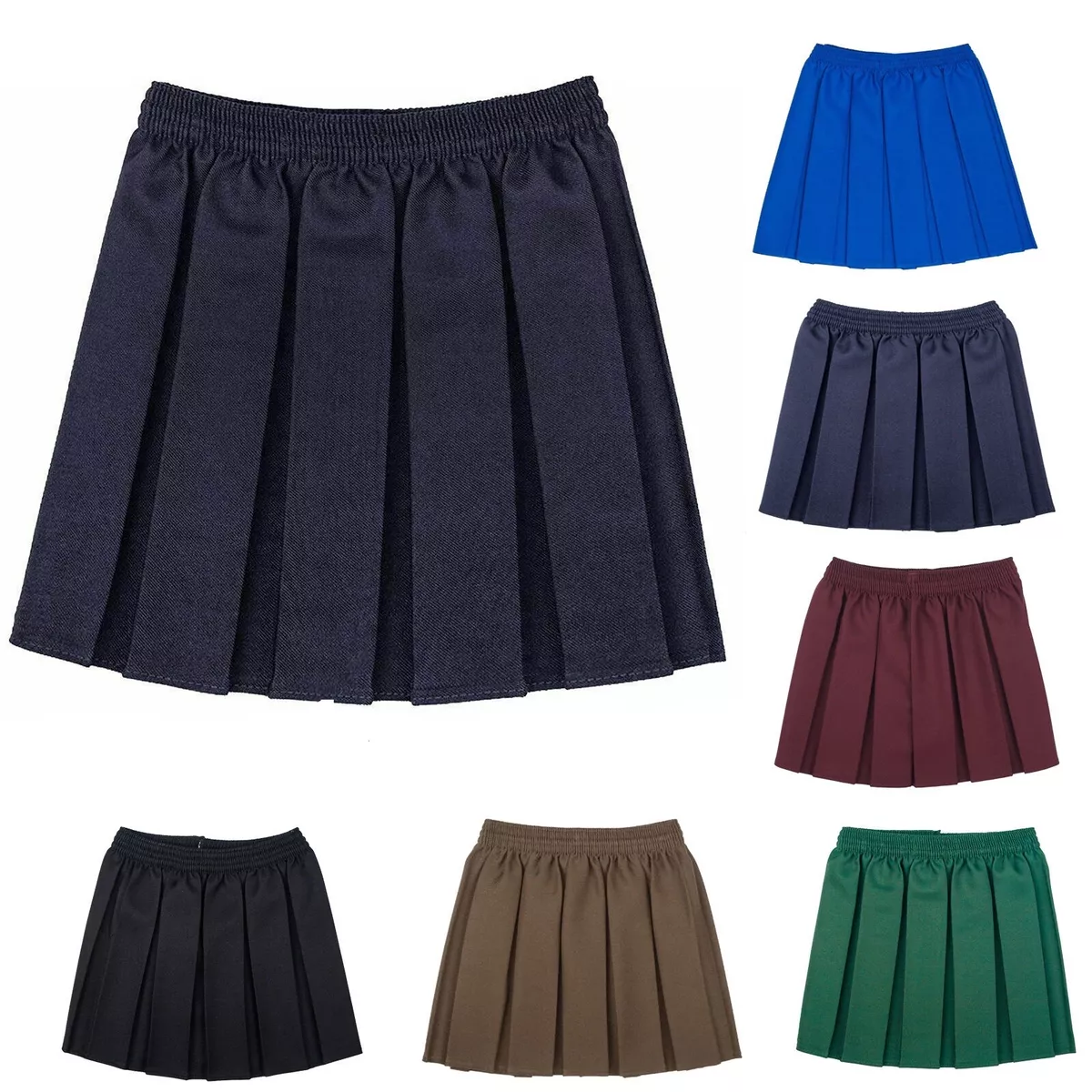 New Girls School Skirts Box Pleated Elasticated Waist Skirt Kids School Uniform