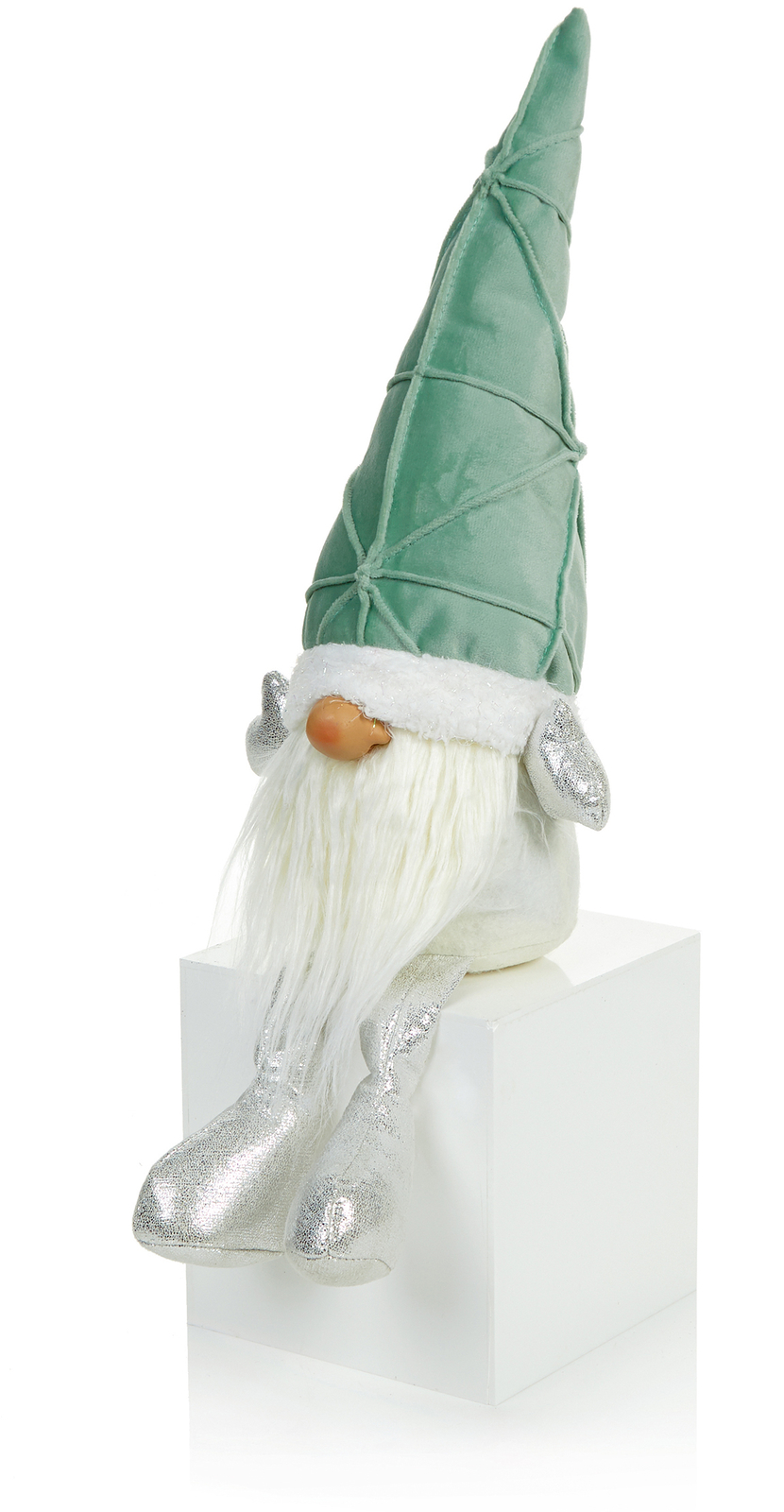 Christmas Gonk Shelf Sitter Decoration with Dangle Silver Leg & Green Velvet Hat