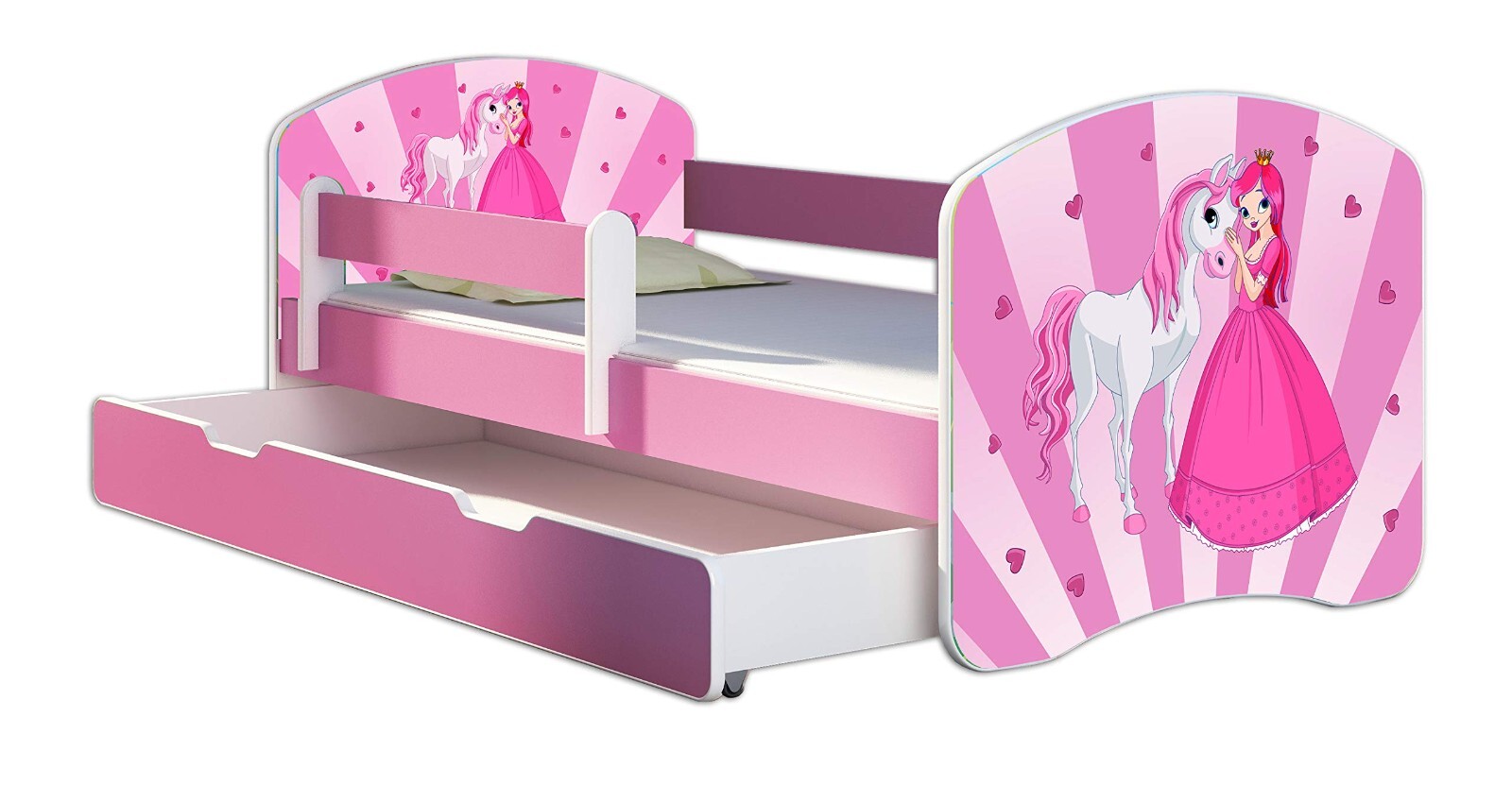 Lit simple 140x70 cm blanc rose matelas inclus et tiroir pour enfant