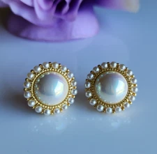 SeaShell MABE Pearl 3/4in Japanese White Stud Earrings 14k Gold Plate-Silver