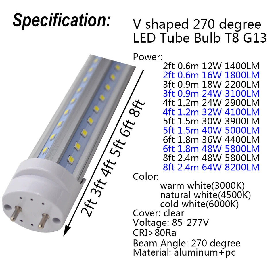 V Shape LED Tube Bulb 2ft 3ft 4ft 5ft 6ft T8 G13 Light Retrofit Fluorescent Lamp - Image 2 of 4