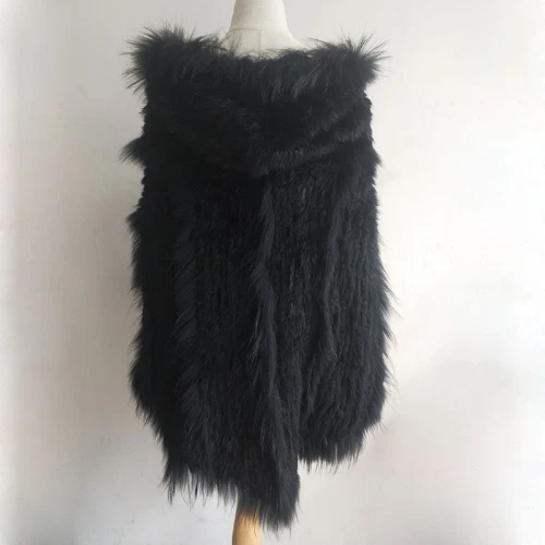 Poncho de piel de conejo real tejido para mujer con capucha talla grande capa de piel con capucha real Foto 3 de 4
