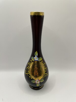 Amethyst Purple Glass Nasco Hand Painted Floral Bud Vase 8'' Tall Japan Vintage