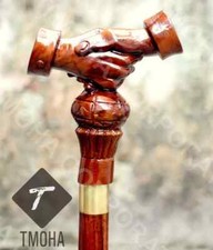 Hand craved handshake handle wooden walking cane handshake walking stick best GF
