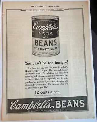 Campbell's Pork and Beans Can 1921 1920s Vintage Ad Campbell Co Soup Tomato Post