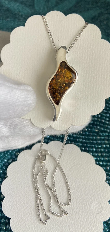"Collar colgante hoja ámbar báltico plata de ley 925 color coñac 18"" L" Foto 4 de 4