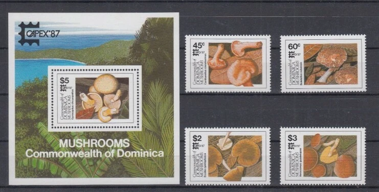 D. Pilze Mushrooms Funghi  -  Dominica  1036-39 + Block 120  **  (mnh) - Bild 1 von 1