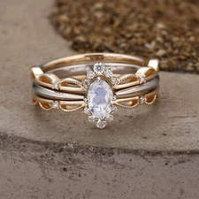 7x5mm Marquise Moonstone & Diamond 3 Stack Band Ring Set Handmade Fine Jewelry 