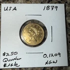 USA 1879 Quarter Eagle $2.50  .900 Fine Gold Coin Round KM#72  .1209 AGW