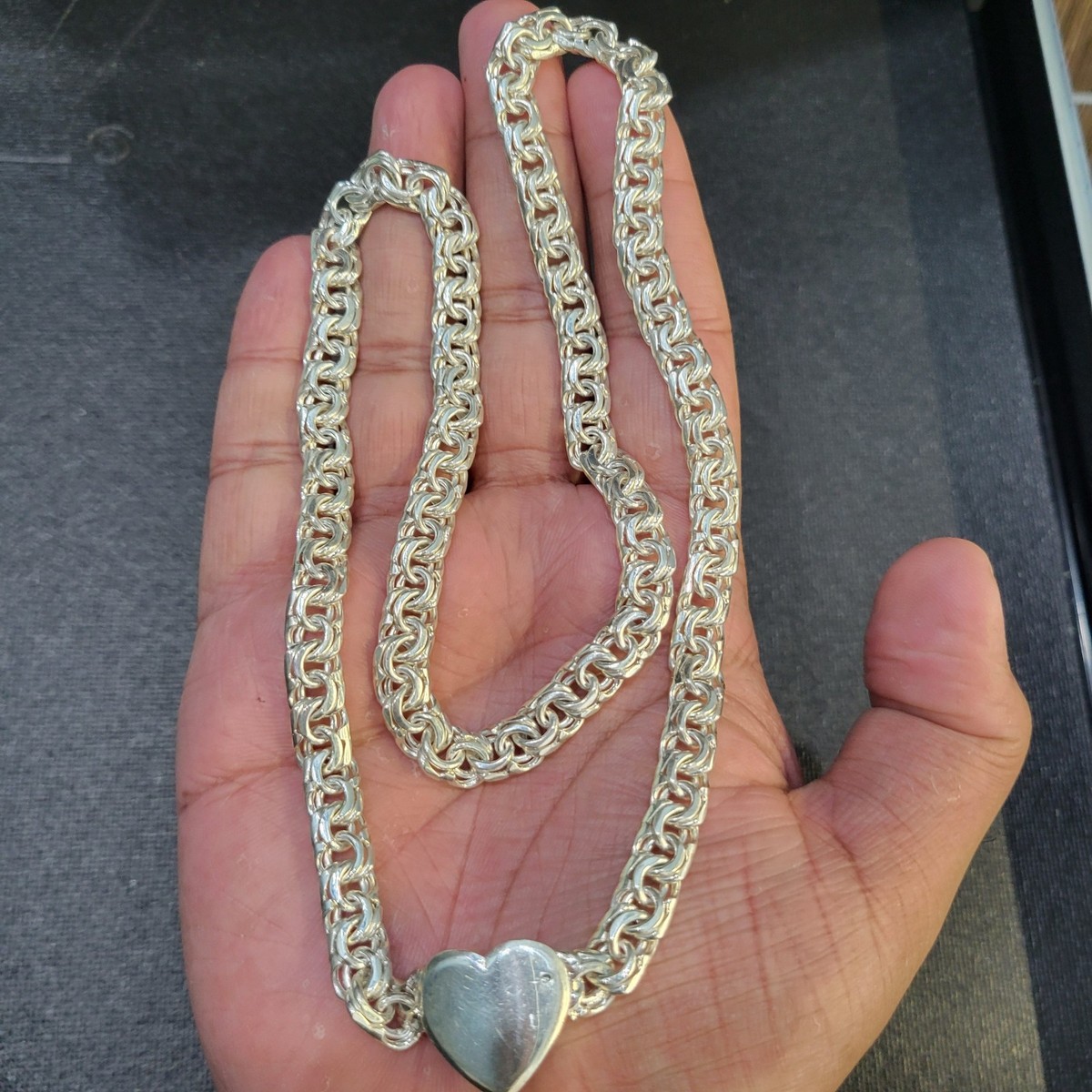 925 Sterling Silver Chino Link Necklace Heart Pendant 16 Inch 30