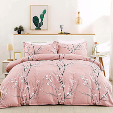 Floral Duvet Cover Set King, Pink Flower Plum Pattern Comforter Cover Set with 2