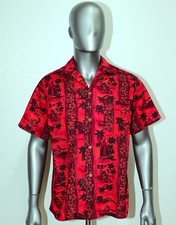 Vintage 1950/60s Hawaiian Red Cotton Loop Collar Shirt FASHIONS OF HAWAI Size L