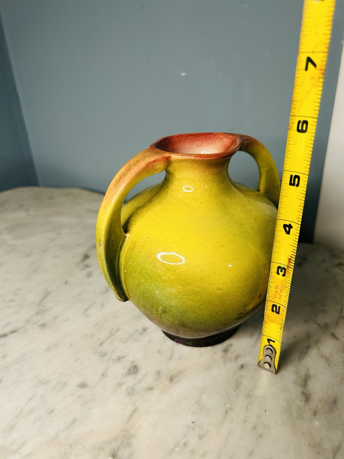 Vintage Art Nouveau Glazed Pottery Squat Floral Vase Loisa ‘62 Green Pink Rose