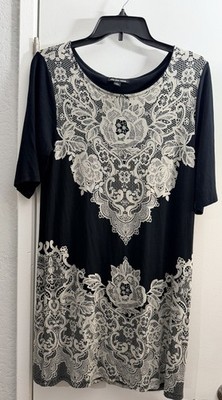 cha cha vente Black White Floral Skull 3/4 Sleeve Shift Dress Size L