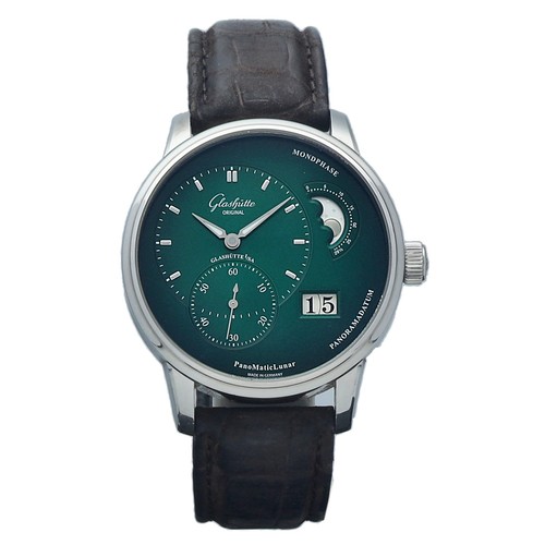 Glashütte PanoMaticLunar 40 mm Steel Green Dial Leather Automatic Wrist Watch