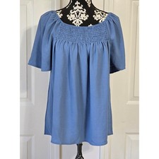 Blue Smocked Square Neck Puff Sleeve Tunic Top LXL