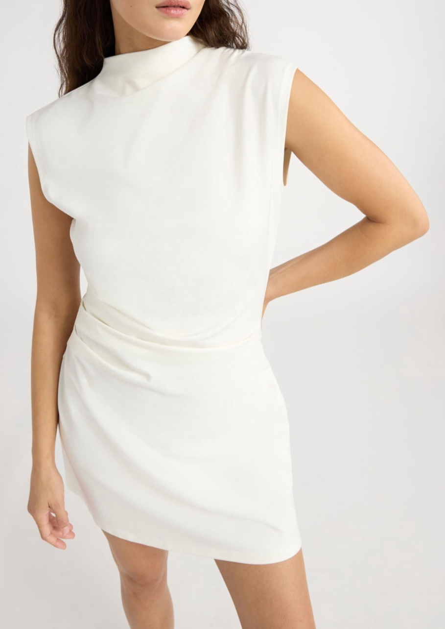 Scoop Womens Dress Size L Winter White Mock Neck Side Pleated Sleeveless Mini