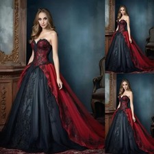 Vintage Victorian Wedding Dress Red And Black Gothic Bridal Gown Lace Appliques
