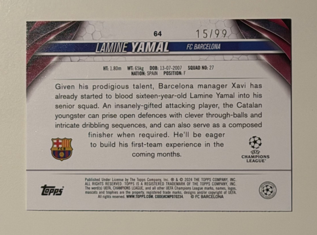 2023-24 Topps UEFA Club Competitions LAMINE YAMAL Rookie Card RC #64 Green /99 view 2