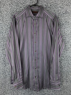Etro Milano Men s Dress Shirt 44 Striped Long Sleeve Made in Italy Purple Black