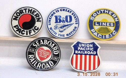 Vintage 1954 Post Sugar Crisp Cereal Railroad Emblems Lot of 5 Tin Signs