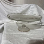 Vintage Jeanette Glass Co Pedestal Cake Plate Stand Harp Pattern Gold Rim 1950s