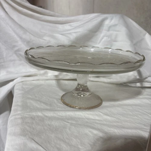 Vintage Jeanette Glass Co Pedestal Cake Plate Stand Harp Pattern Gold Rim 1950s