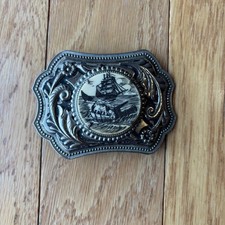 Vintage Faux Scrimshaw Tall Ship Whale Nautical Silver Tone Belt Buckle