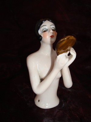 Teepuppen Mata Hari Sexy Spiegel Half Doll Pincushion Arms Away Art Deco Stil Ar