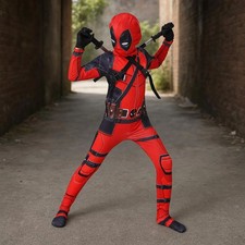 Halloween Kids Deadpool Cosplay Bodysuit  Wood Swords Kit Boy Jumpsuit Costume