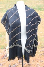 Wool Large Throw/Shawl Black Embroidered Trim and Fringe 76"x25"