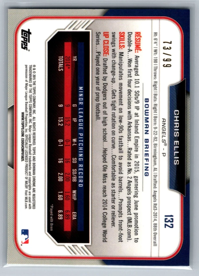 Chris Ellis 2015 Bowman Chrome Green Refractor /99 #132 - Image 2 of 2