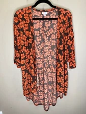 LuLaRoe S Lindsay Cover Up - #2446 - Orange Flowers on Brown Heather