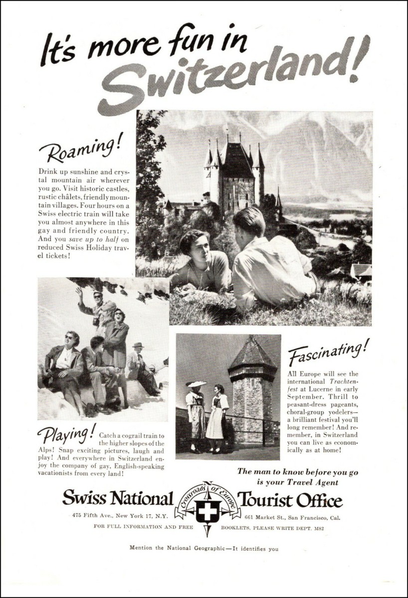 1950s travel AD Have More Fun in SWITZERLAND ! Swiss Tourist