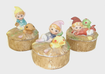 Set of 3 HOMCO #5404 Elf Pixie Gnome & Mushroom Porcelain Trinket Boxes