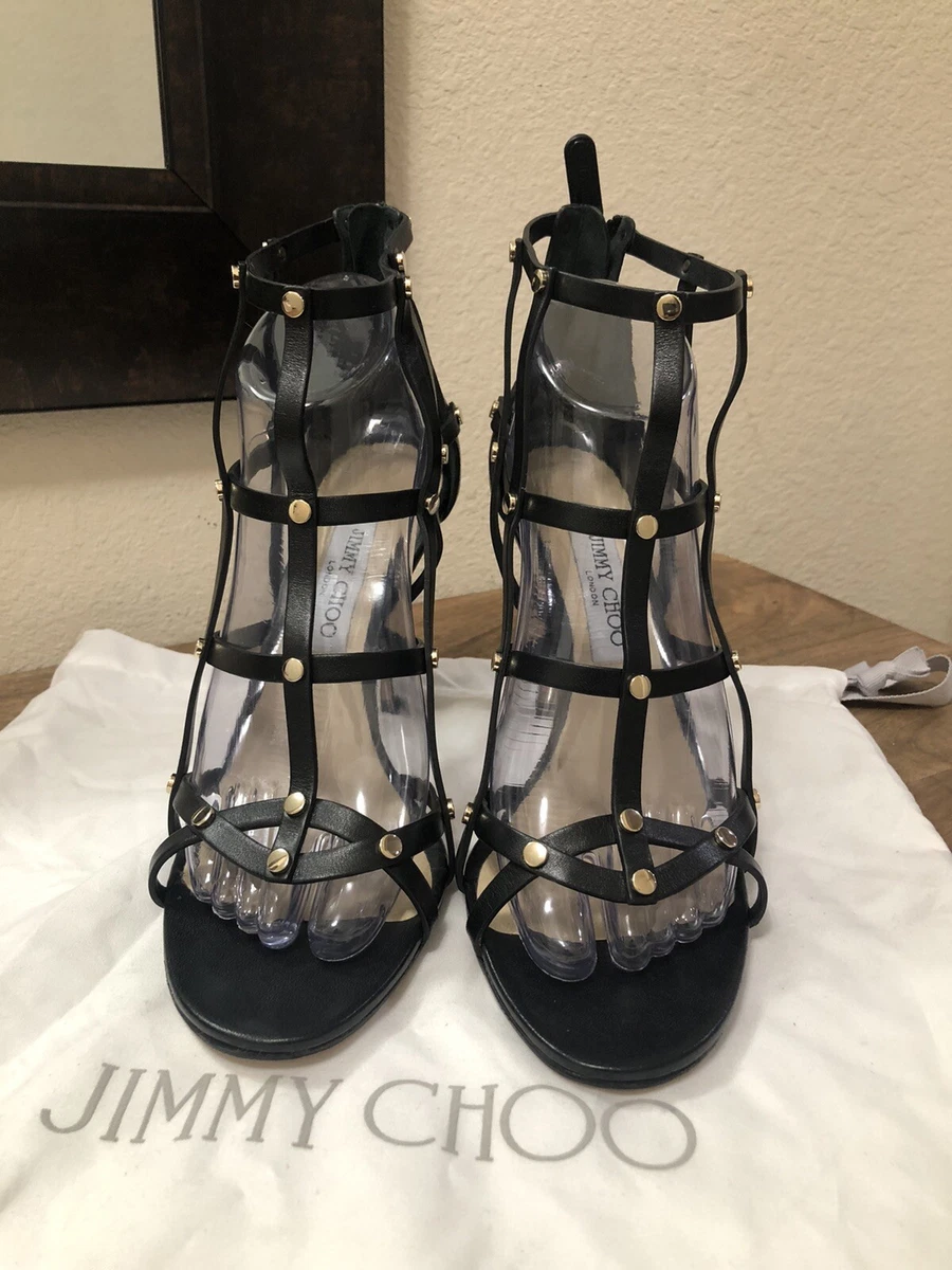 JIMMY CHOO TINA BLACK LEATHER CAGED STUDDED HEEL SANDALS EUR Size 40.5 US 10