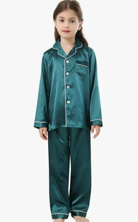 Conjunto de pijamas para niños y niñas conjunto de pijamas de seda satinado manga larga 2 piezas. 4-12t Foto 4 de 4