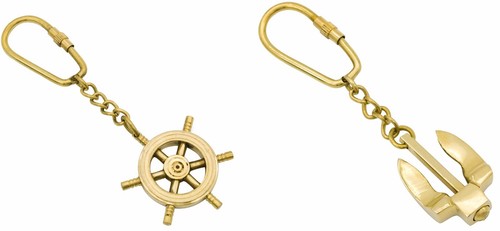 Keychain Set Medieval Ship Wheel and Anchor Design Solid Brass Keychain - 2 Pack