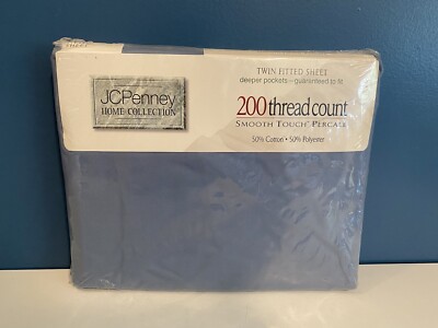 VTG JC Penny Twin Fitted Sheet Smoke Blue 200 Thread Count Smooth Touch Perca