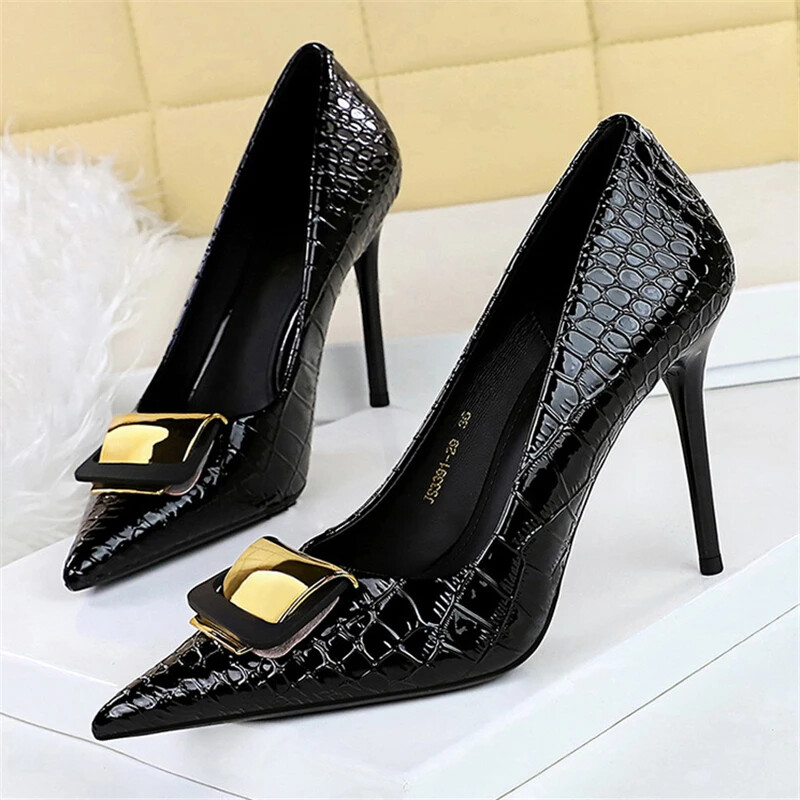Women Metal Buckle Patent Leather Pumps Stilettos Pointed Toe High