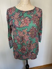 Ann Taylor LOFT Sz S Green Pink Paisley 3/4 Slv Boatneck Knit Top Thin Sweater