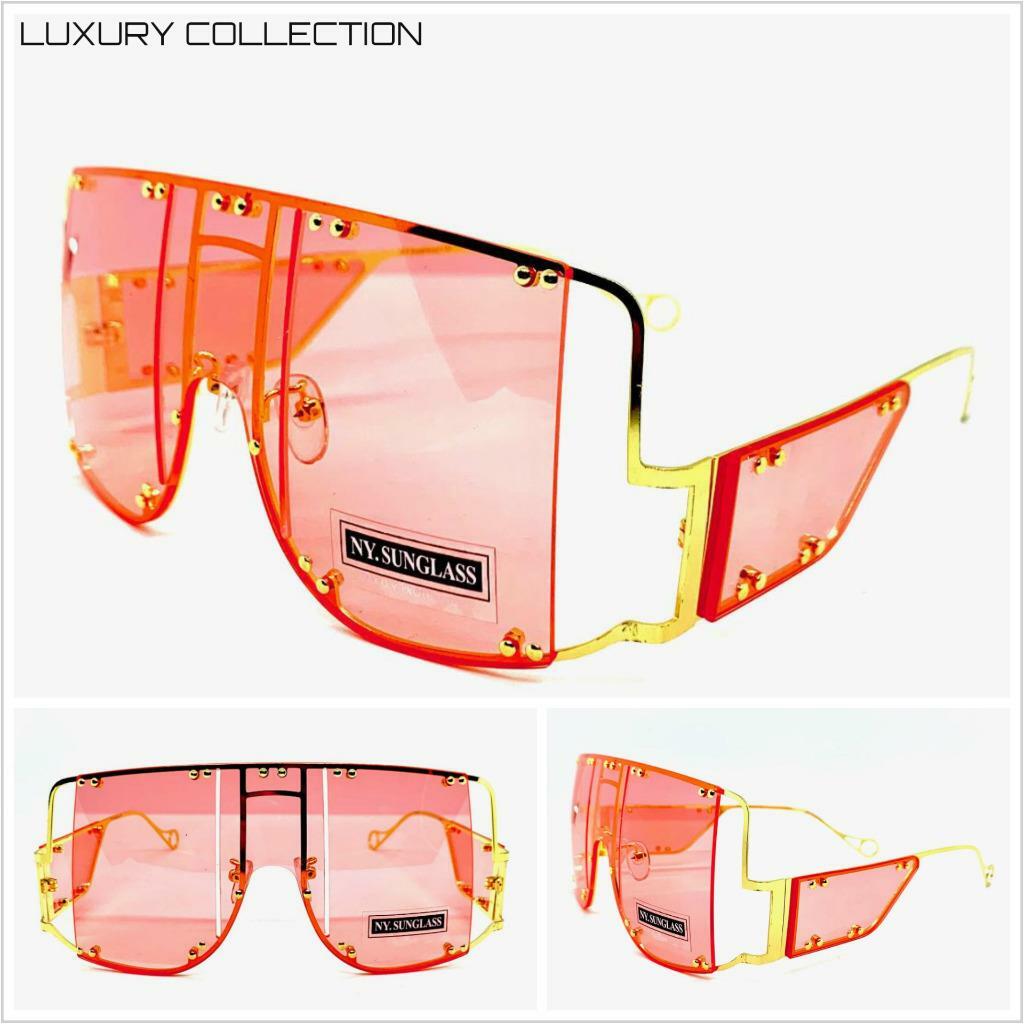 Oversized Modern RETRO SHIELD Style SUN GLASSES Large Gold Metal Frame Pink Lens