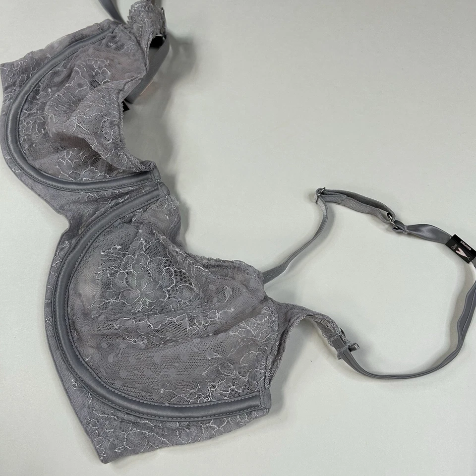NUEVO Sujetador Balconet Victorias Secret 32DDD Sin Forro Gris Plateado Encaje Floral #0400 Foto 2 de 4