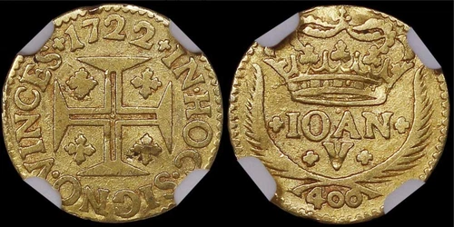 Antique 1722 Brazil Portugal Cruzado Novo 400 Reis Gold Coin 0.88g Joao Ioan NGC