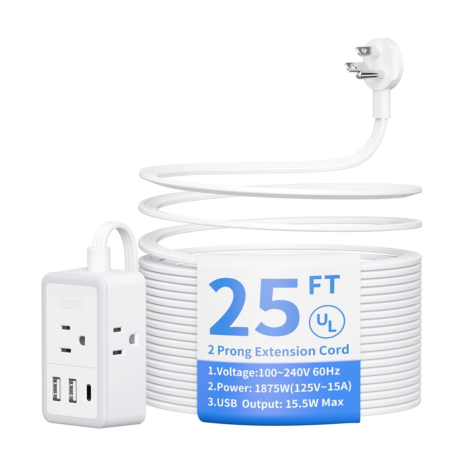 Flat Extension Cord 25 Feet, Small Flat Plug Power Strip with 3 USB(1 USB-C),...-image