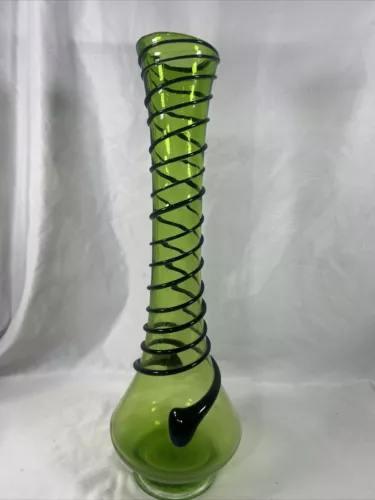 Art Deco Glass Vase Bright Lime Green Cobalt Blue Snake Cord Decor 19.5 In Tall