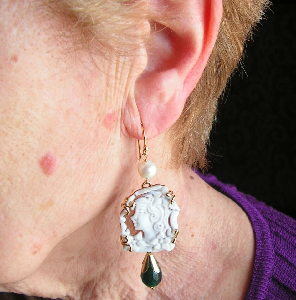 PENDIENTES CAMAFEO ITALIA HERMOSO ESTILO ANTIGUO Gema Perla Turmalina Original Foto 2 de 4