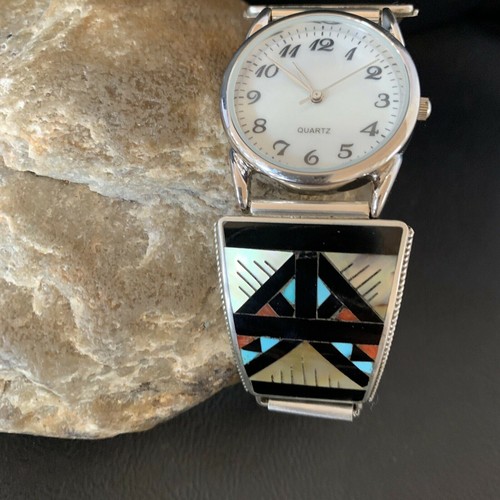 Puntas de reloj para hombre Zuni plata esterlina ónix coral turquesa puntas banda 11576 - Imagen 8 de 12